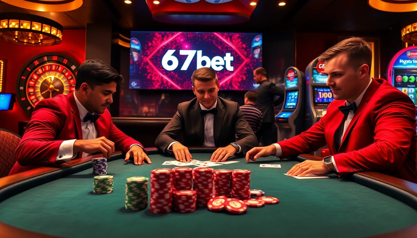 Intense poker game at a luxurious 67bet online casino table, showcasing vibrant chips and a roulette wheel.