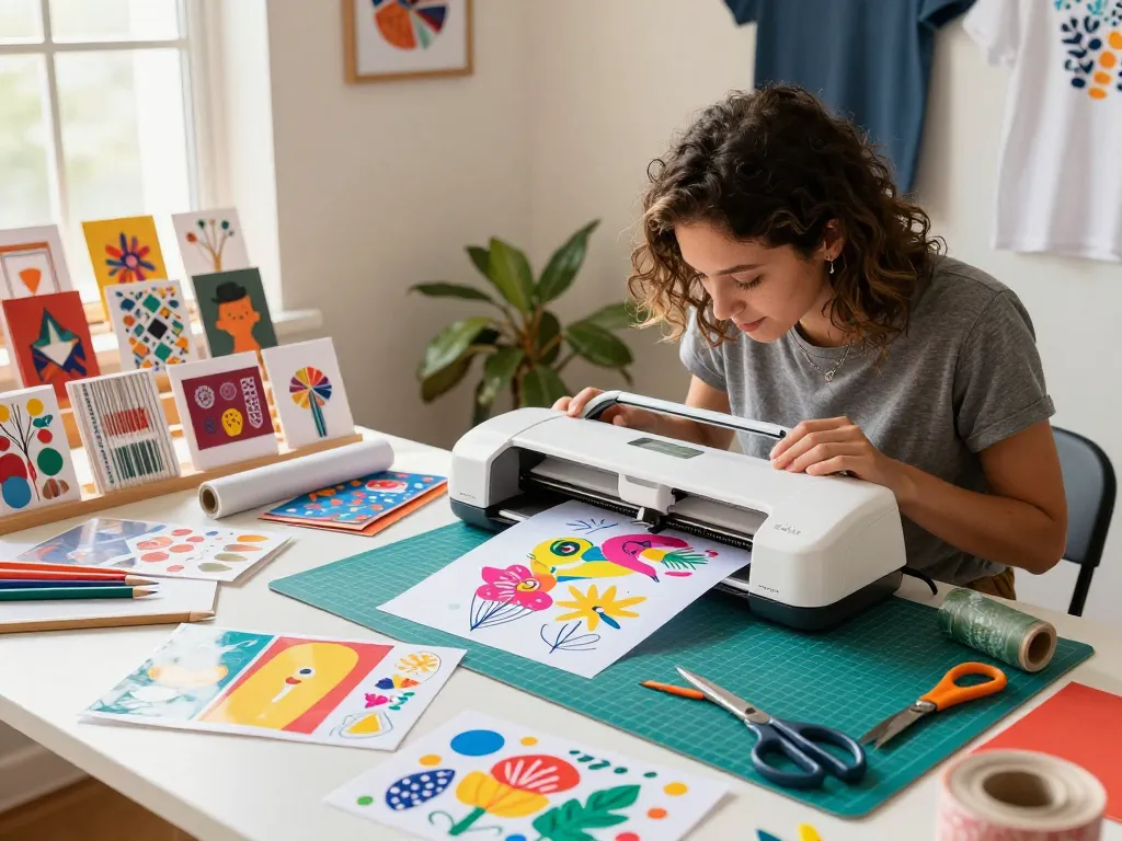 Crafter using Cricut machine to create custom designs in a vibrant home studio.