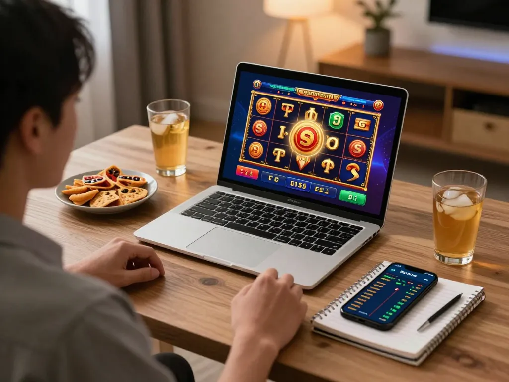 Playing exciting slot thailand games on a laptop, focusing on strategy and winning.