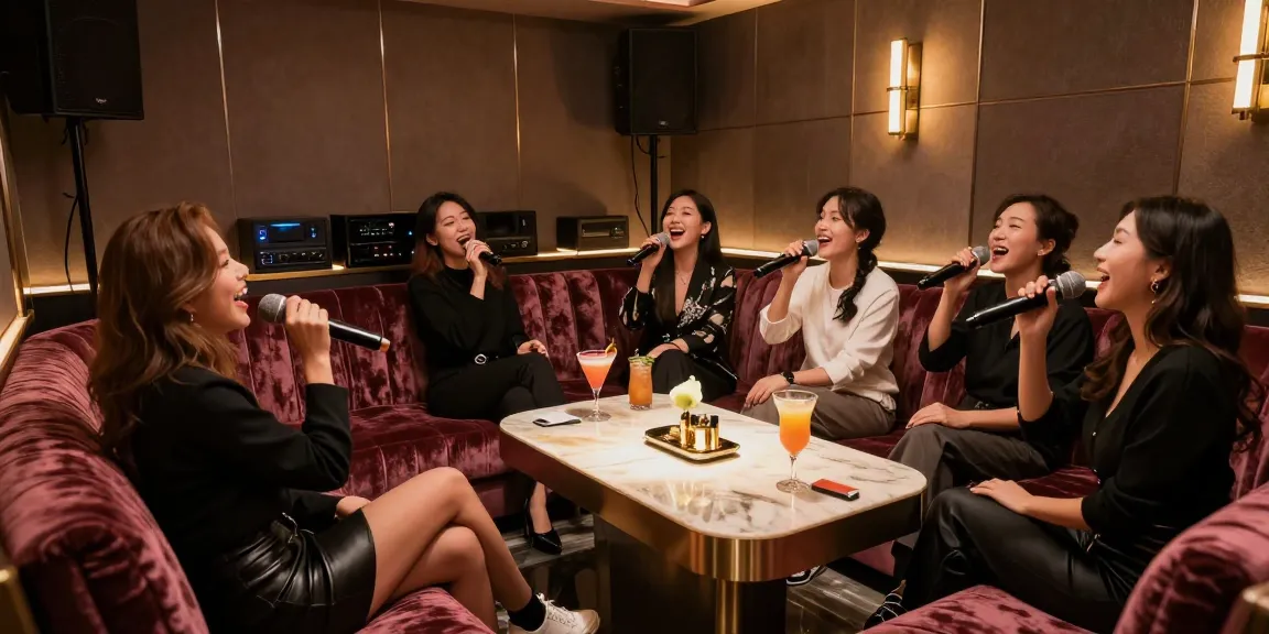 강남가라오케에서 즐거운 시간을 보내는 손님과 고급 음향 장비가 있는 세련된 룸