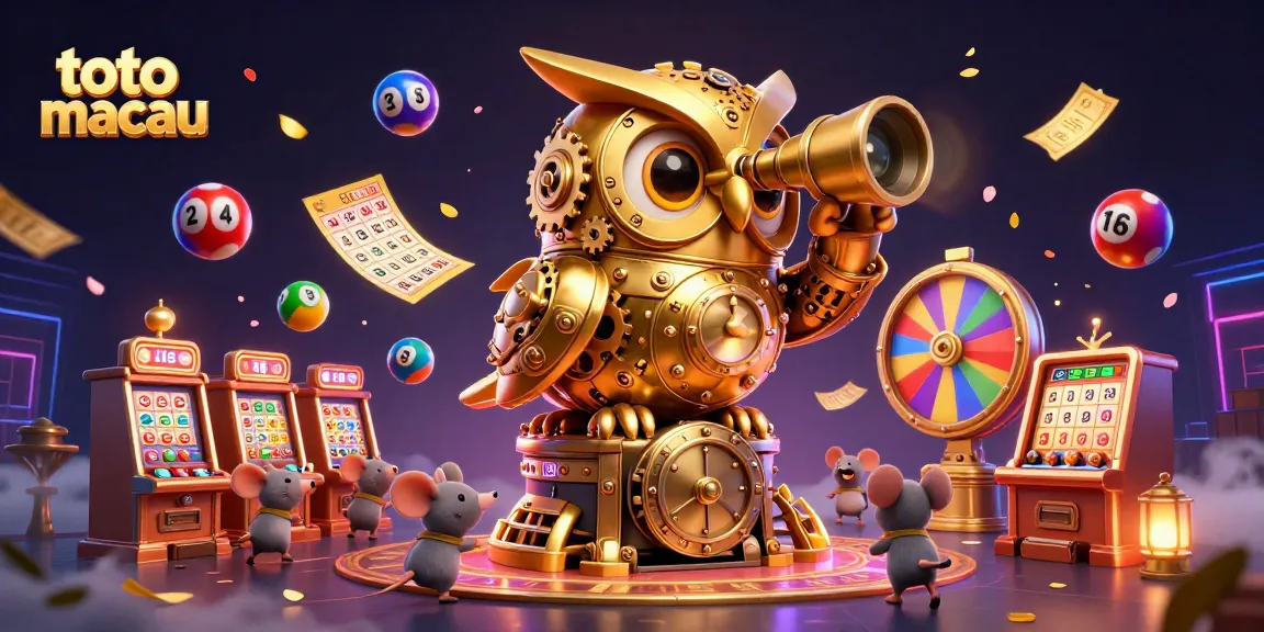 Spin to win with the dynamic toto macau scene featuring vibrant lottery elements and a golden owl guardian.