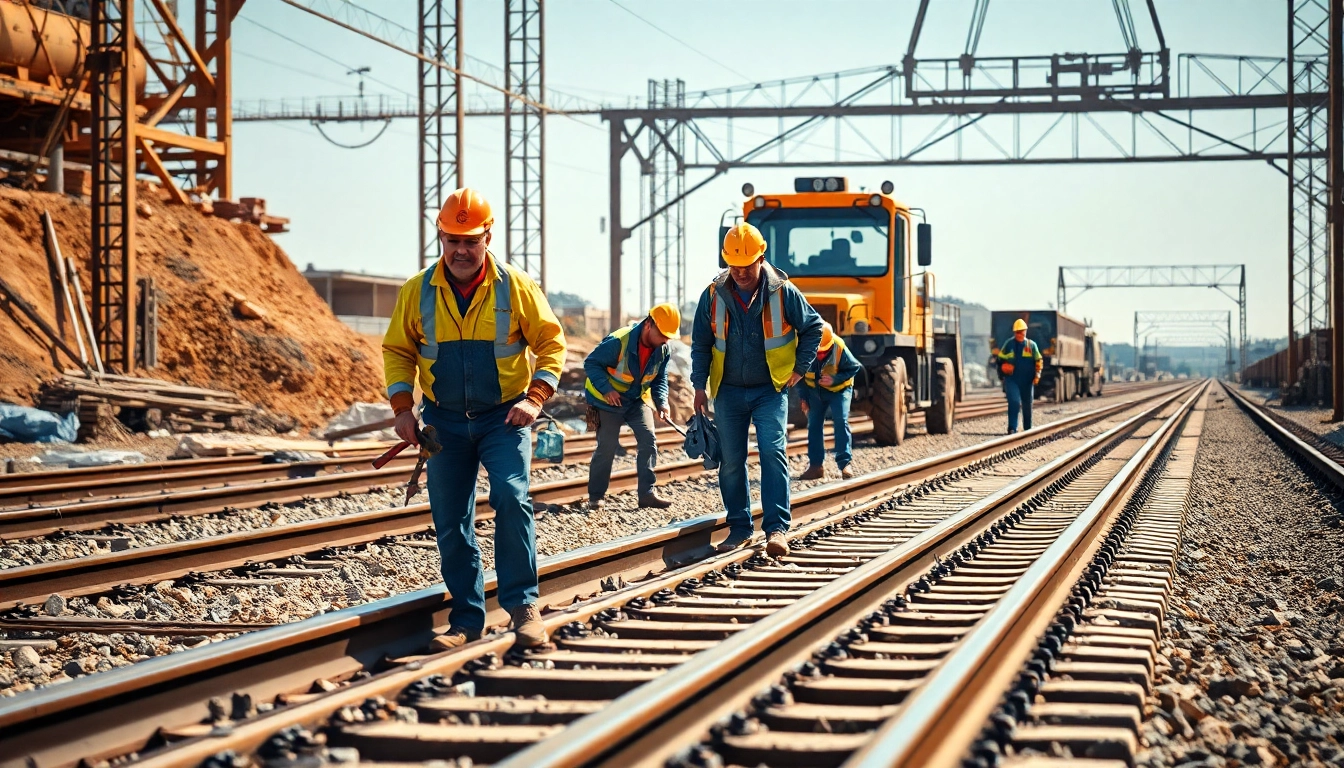 Railroad Contractors Near Me collaborating on a railway construction project, showcasing teamwork and machinery.