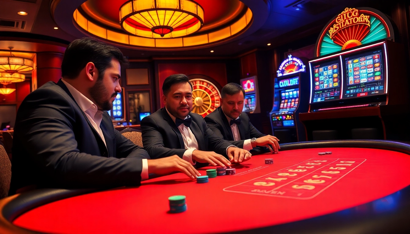 A thrilling casino scene with players at a poker table, chips and a vibrant onicplay slot machine visible.