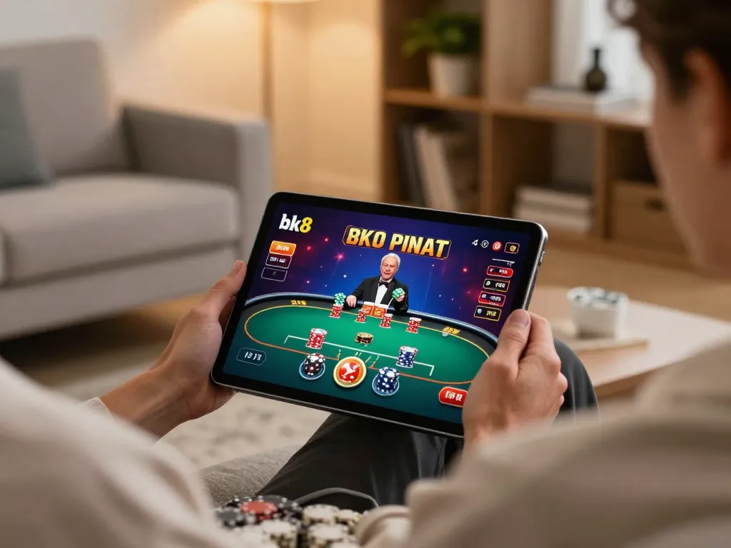 Person engaging in online poker gameplay on bk8, enjoying a comfortable home environment.