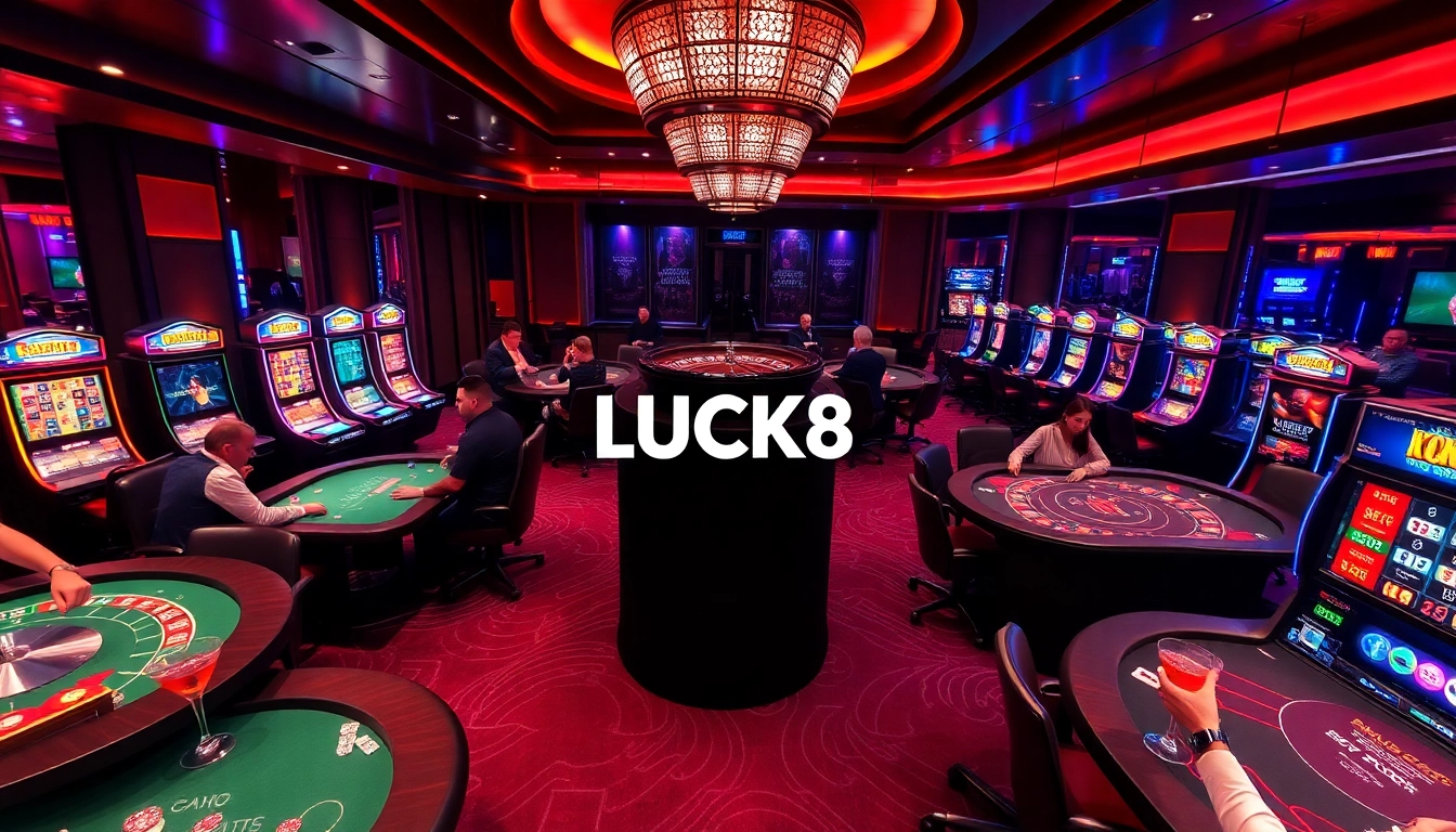 LUCK8 players enjoying an upscale casino environment with vibrant gaming tables and slots.