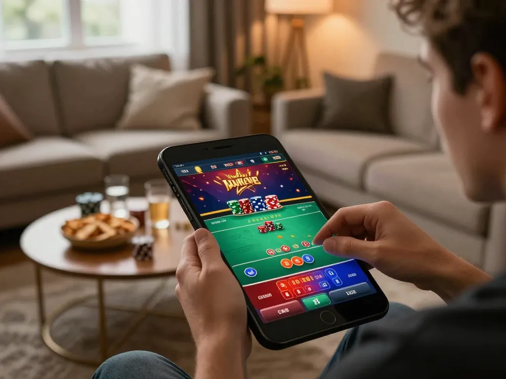 Player engaging in poker gameplay on EE88 mobile app with inviting home ambiance