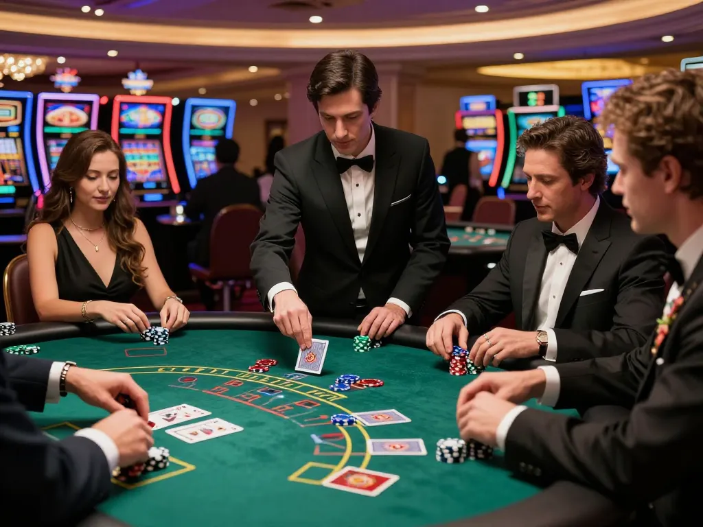 Players strategizing at a blackjack table in Las Vegas with fly88 betting chips visible.