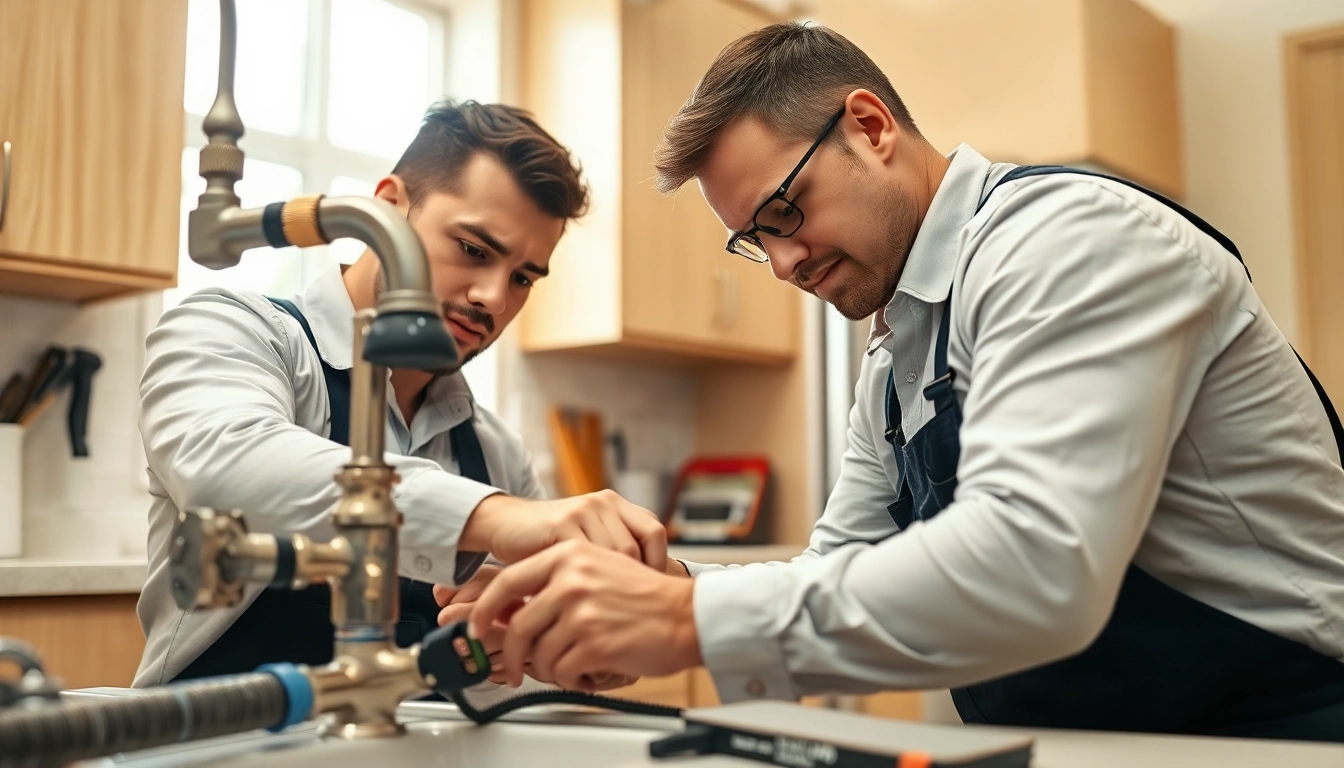 Find a skilled plumber near me working diligently on kitchen plumbing.