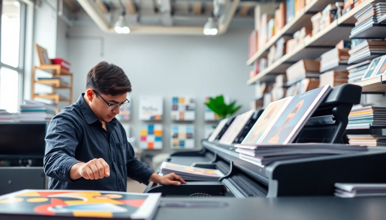 Visit a print shop Edmonton with vibrant printing services and skilled technicians at work.