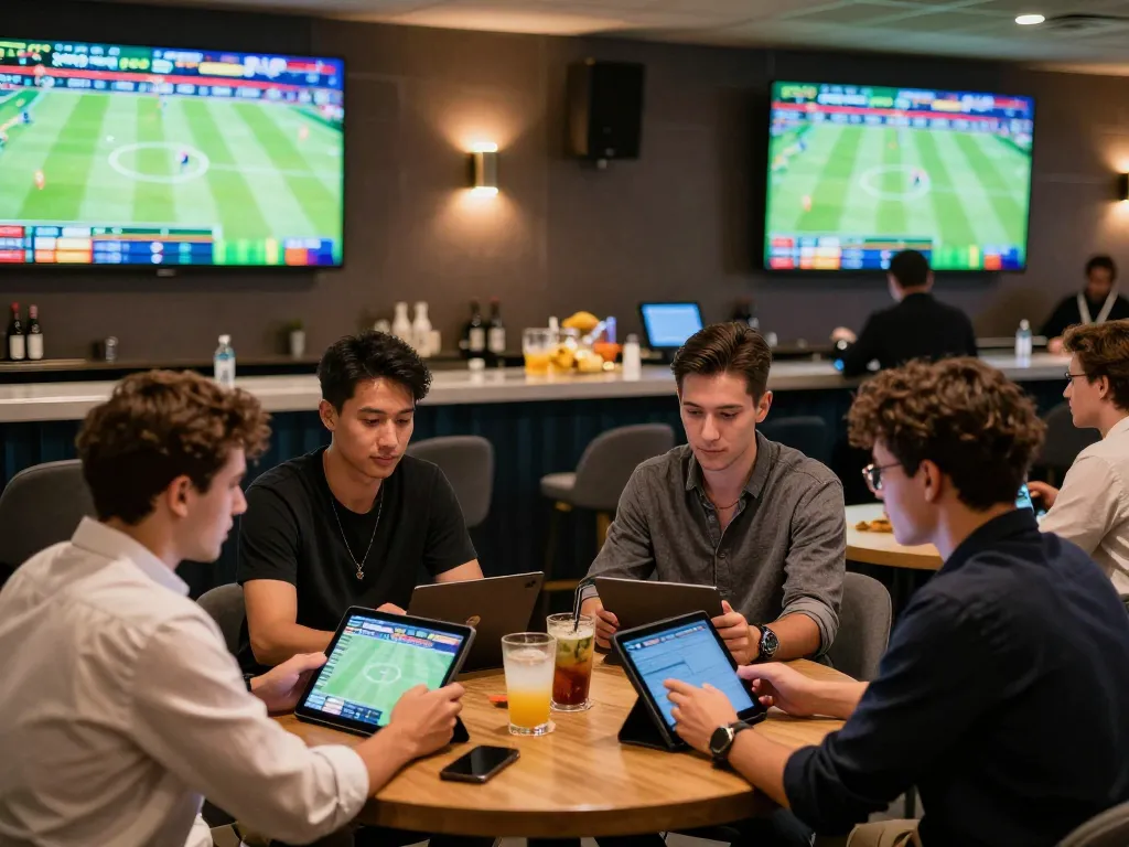 Situs 1k bettors analyzing odds in an upscale sports betting lounge with vibrant atmosphere.