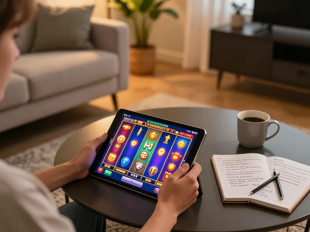 Engaging in slot gacor hari ini gameplay on a tablet amidst cozy home setting