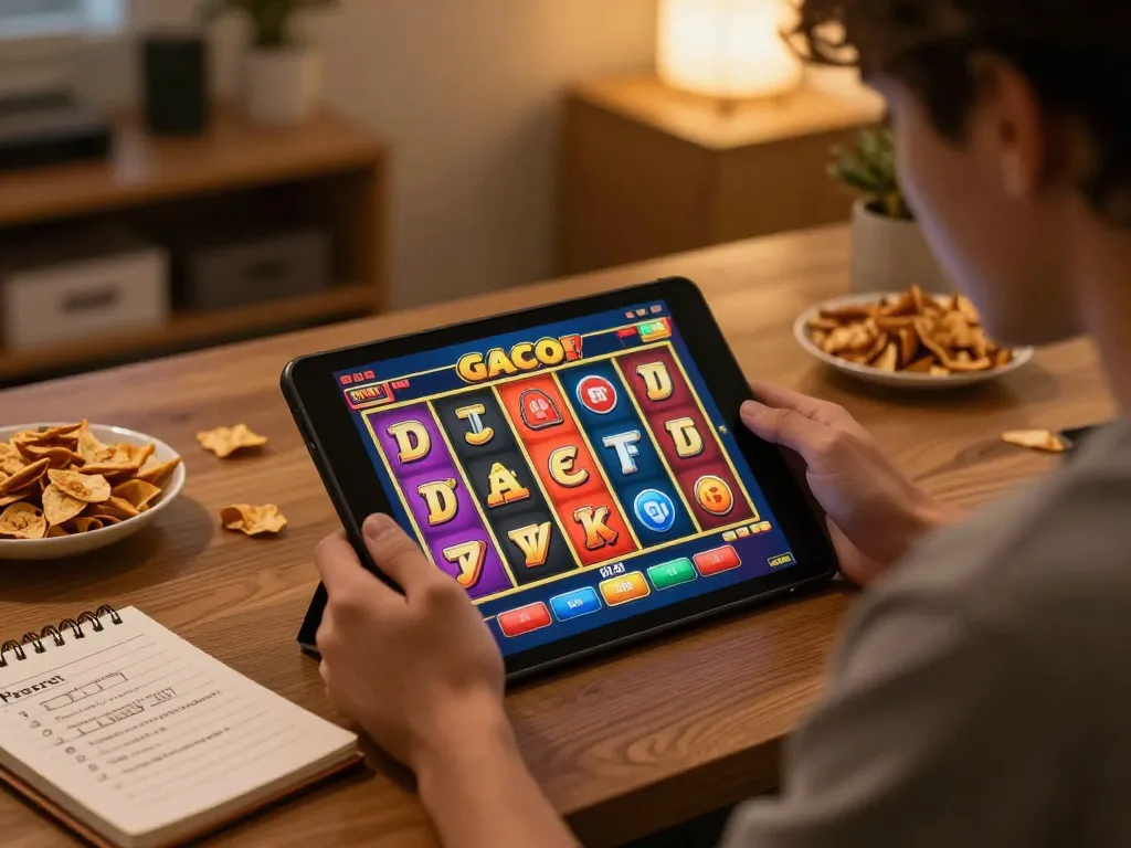 Enjoying a slot gacor game on a tablet in a cozy home environment.