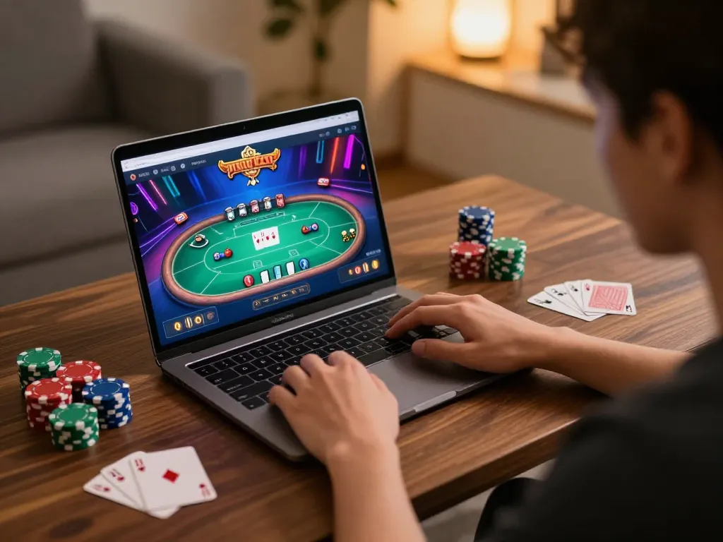 Engaging poker gameplay on AE888 COM displayed on laptop in cozy home setup.