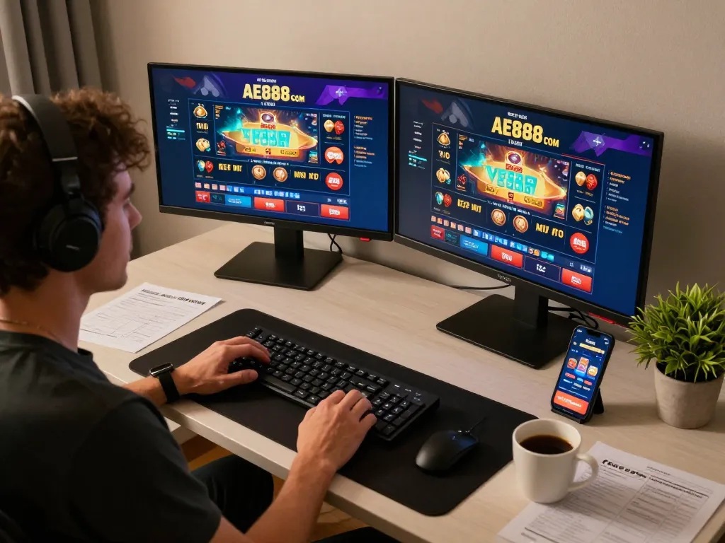 Engaging with AE888 COM casino games at a modern home gaming setup for strategic play