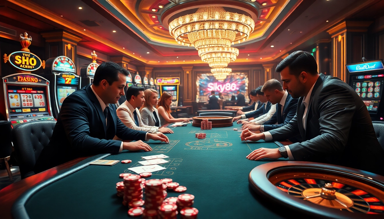 Experience high-stakes excitement at SKY88 casino with professional gamblers at the poker table.