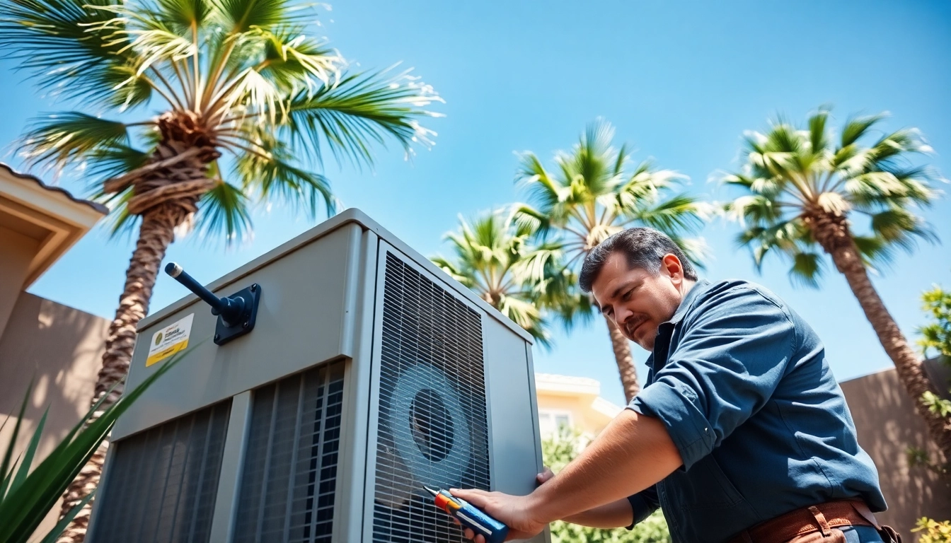 Technician servicing Scottsdale AC unit in a sunny backyard oasis.