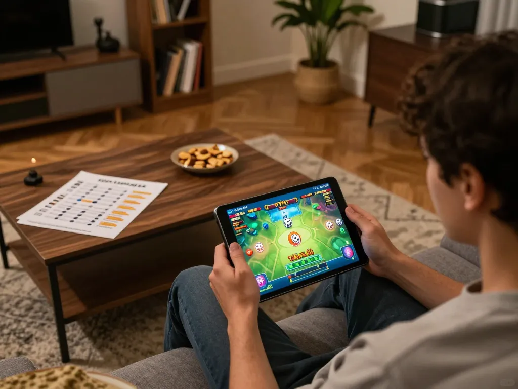Engaged player playing tài xỉu online on a tablet, showcasing a vibrant game interface in a cozy home setting.