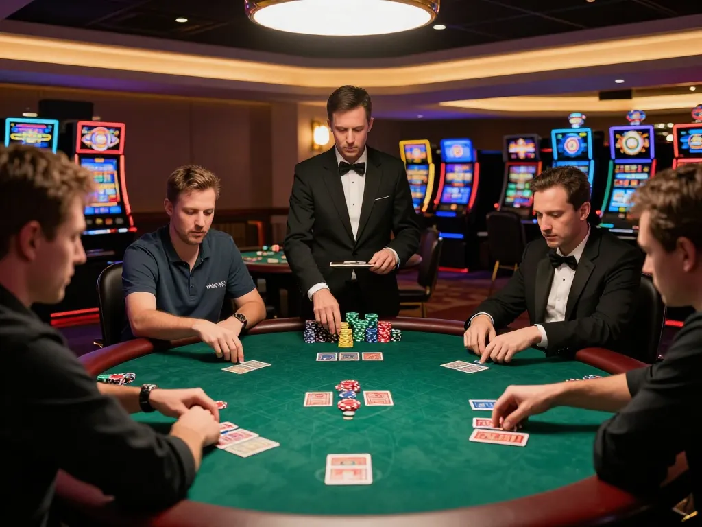Go8 poker players strategizing in high-stakes casino tournament with intense atmosphere