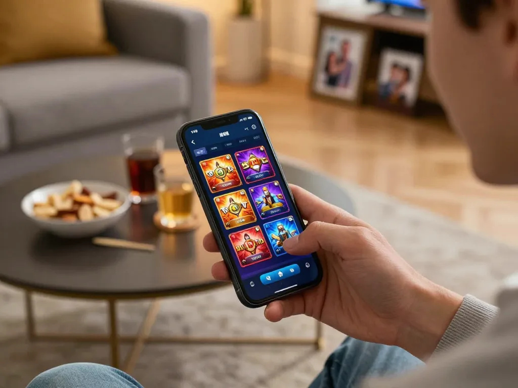 Player engaging with the Nk88 mobile casino app, surrounded by a cozy home setting.