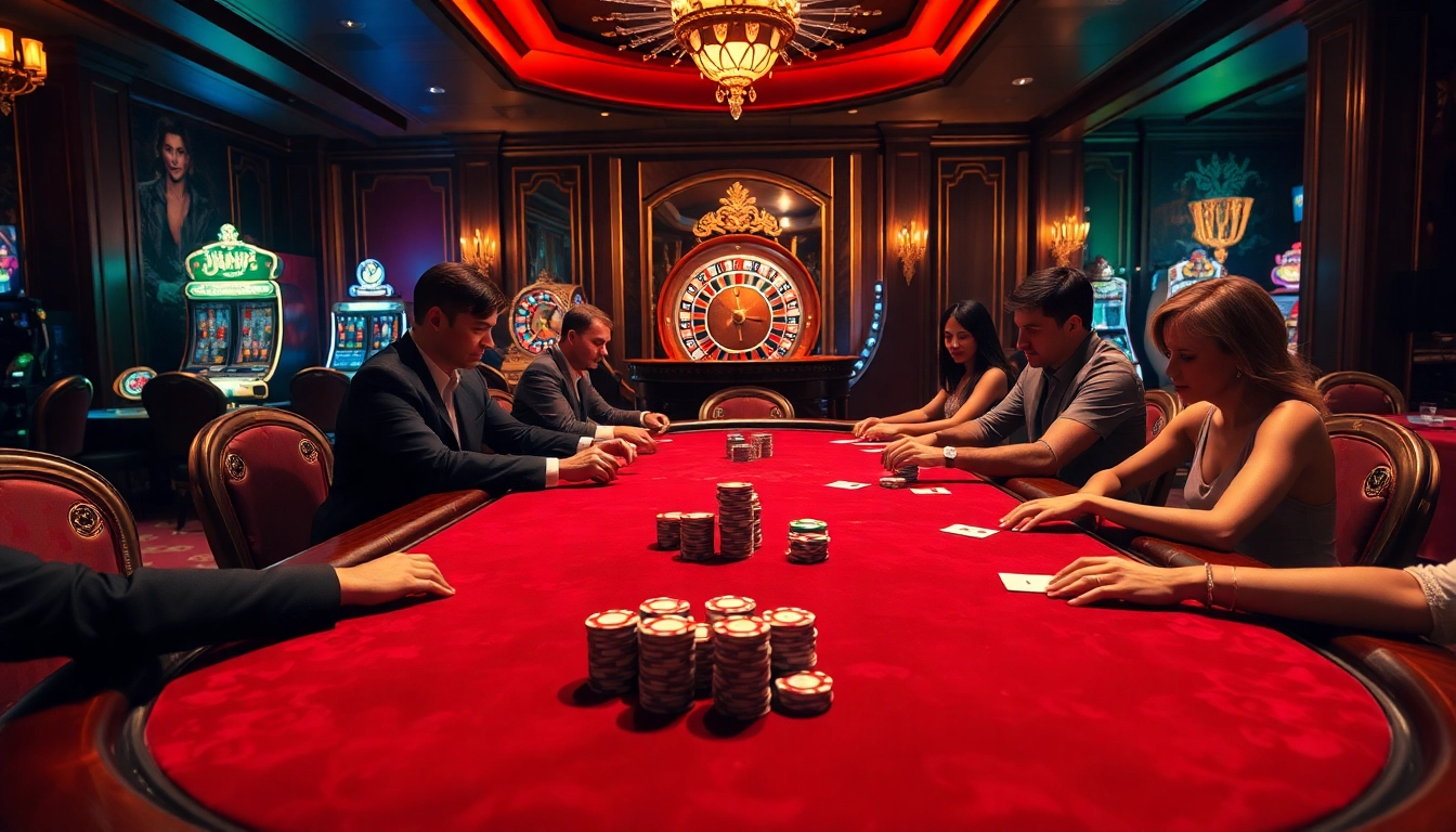 Players engaging in a poker game at a luxurious casino, inspired by https://68vip.red/, showcasing excitement and strategy.