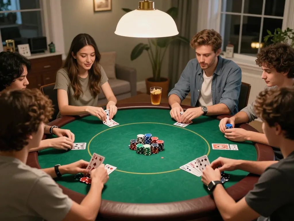 DewaPoker players engaging in a strategic home poker night with colorful chips and cards.