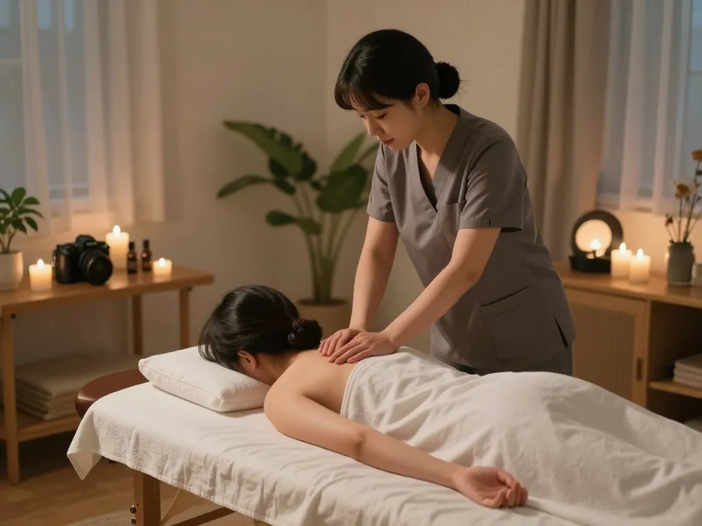 Relaxing 부천 출장마사지 session in a serene home environment with a therapist and soothing ambiance.