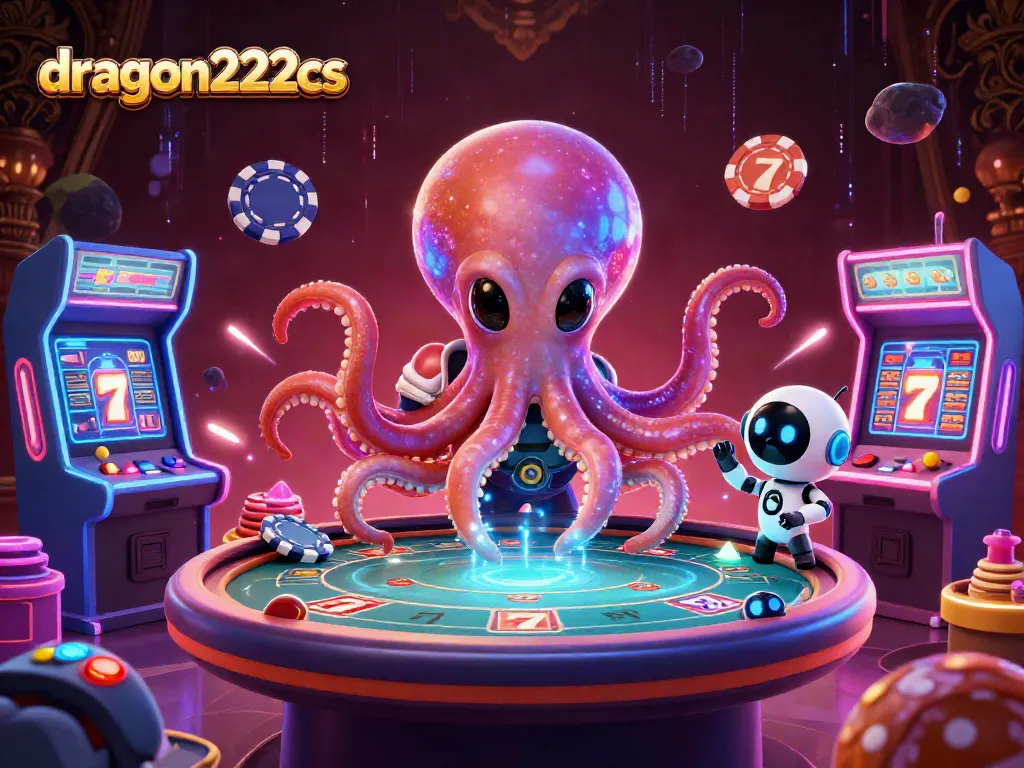 Engage with the vibrant world of dragon222cs, featuring a playful alien octopus at a holographic poker table amidst dynamic casino elements.
