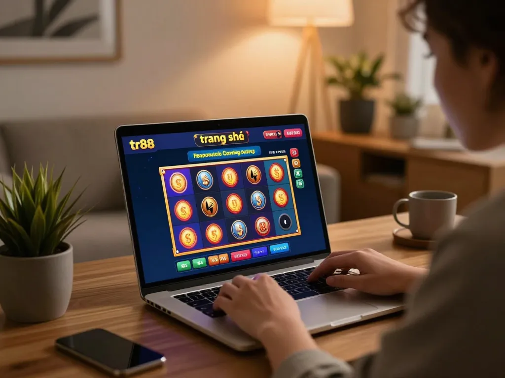 Engaged player exploring tr88 trang chủ via laptop at home, vibrant gaming experience