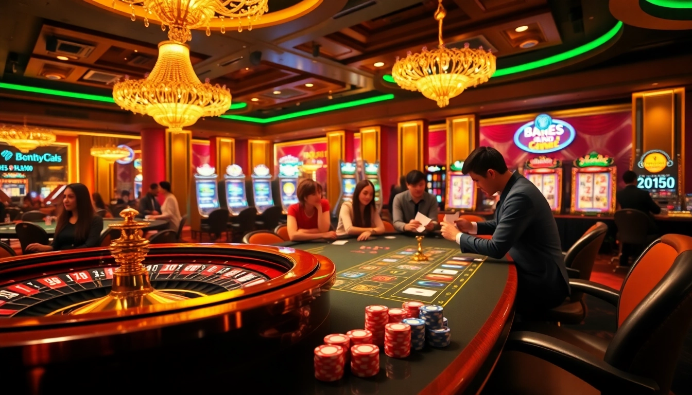 Players enjoy thrilling games at bet789 casino with poker chips and roulette wheels.