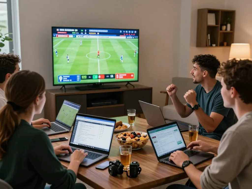 Xem kèo nhà cái with friends enjoying live soccer betting in a vibrant entertainment room