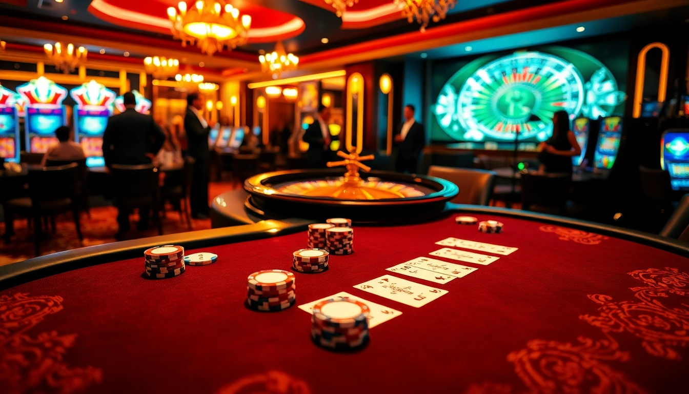 The excitement of gambling at 789betmedia.com with a luxurious casino setup featuring poker tables and roulette wheels.