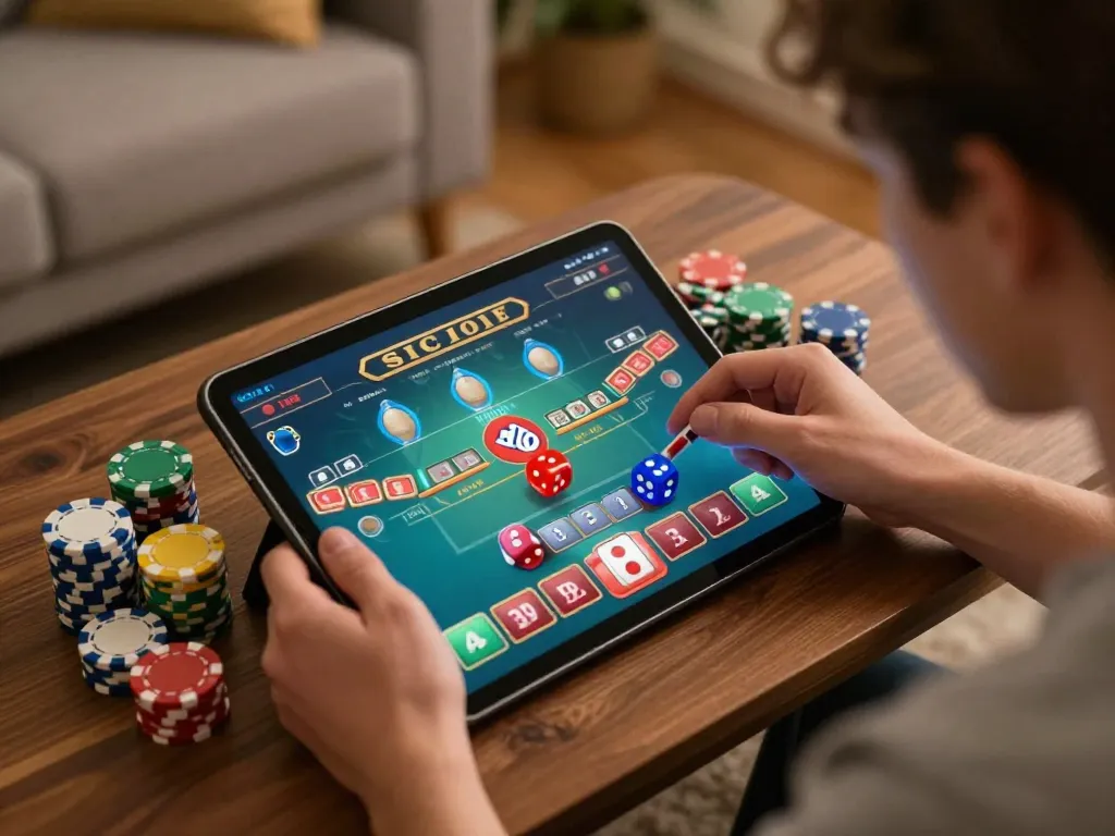 Player engaging in Sicbo gaming at home using tg88-link for exciting online gambling.