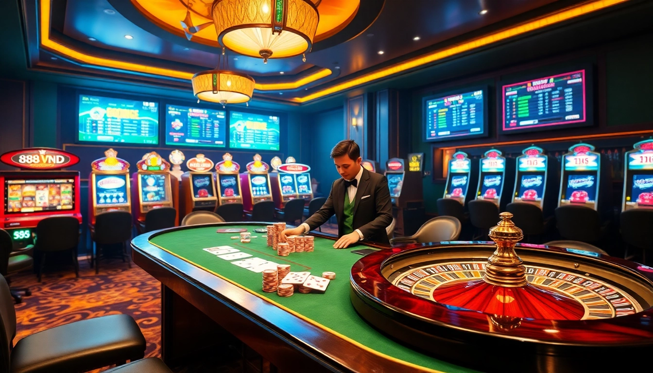 Player engaging in thrilling games at 888VND's luxurious casino table, surrounded by cards and chips.