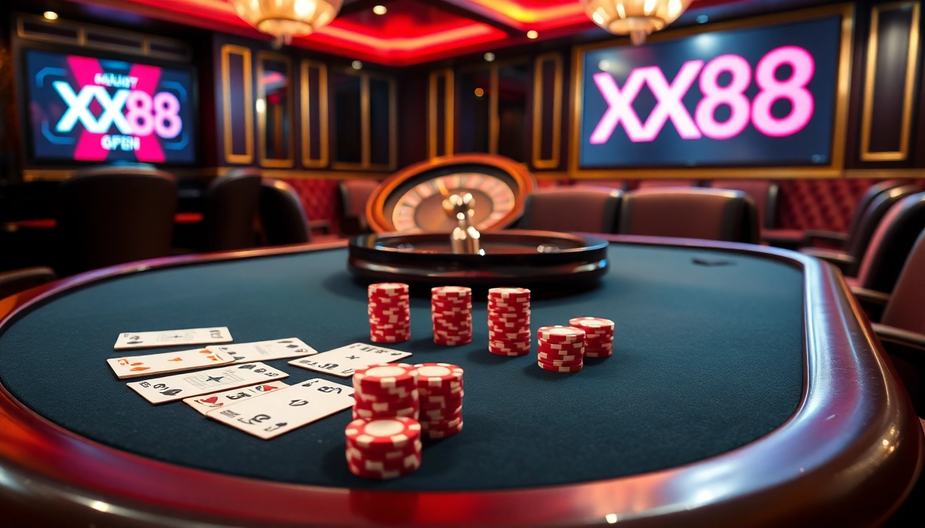 Experience thrilling gameplay at XX88's luxurious casino table with vibrant poker chips.