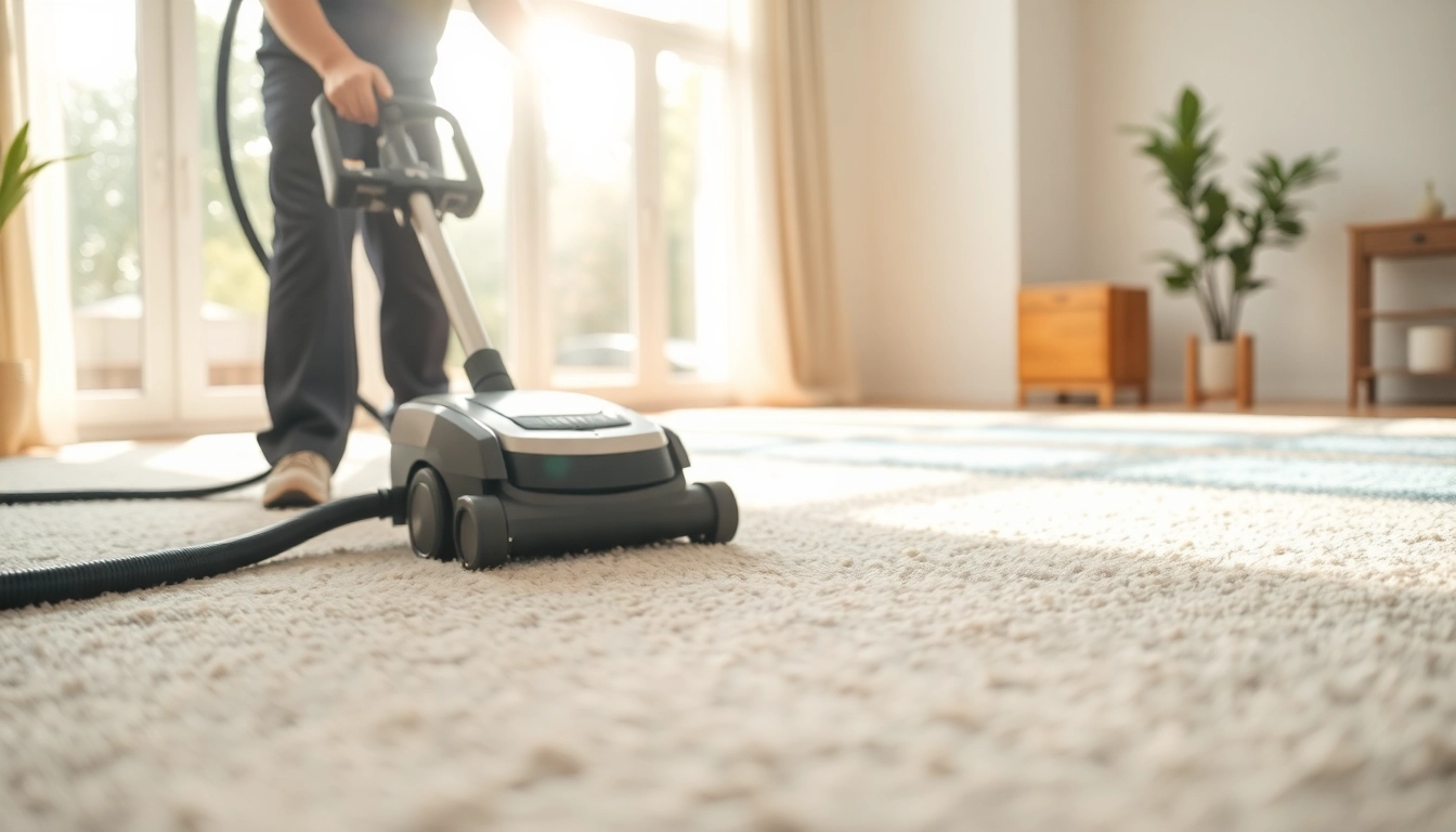 Carpet cleaning roseville ca showcased with a cleaner using advanced equipment in a bright living room.