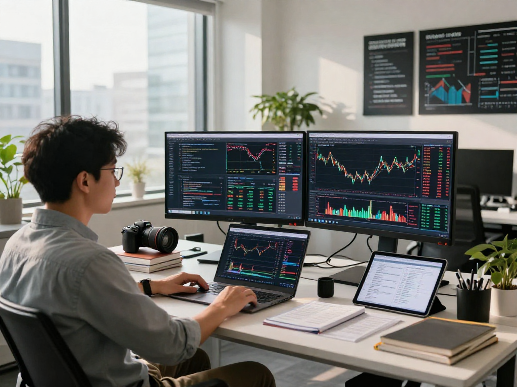 Dynamic tech workspace focusing on HK quant trading stock API analytics, featuring live market data and trading charts.