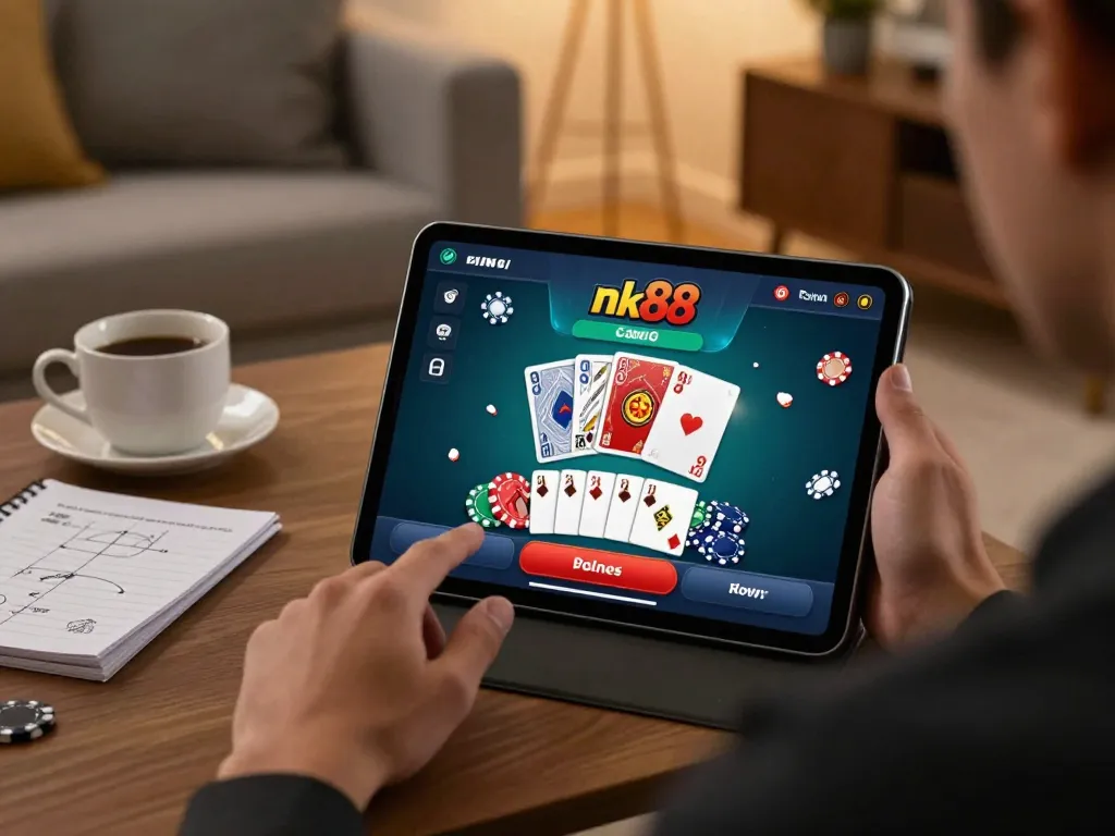Engaging moment with nk88 app in action on a tablet while enjoying home gaming.