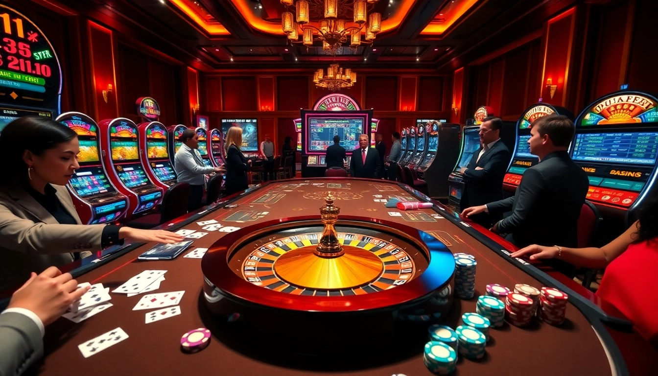 Players enjoying a thrilling game at https://ok365.icu/, surrounded by casino elements like cards and chips.