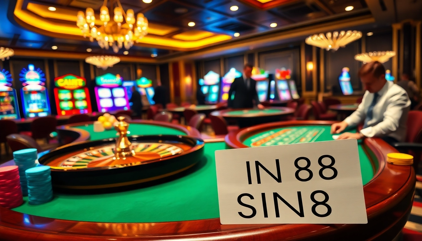 SIN88 highlights a dynamic casino scene with players enjoying roulette and blackjack amid luxurious decor.