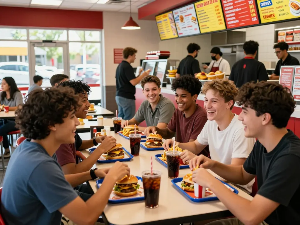 Fast food prices highlighted in a busy restaurant scene with friends enjoying meals.