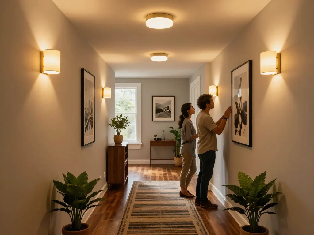 Hallway light fixtures enhance a stylish interior scene in a contemporary home.