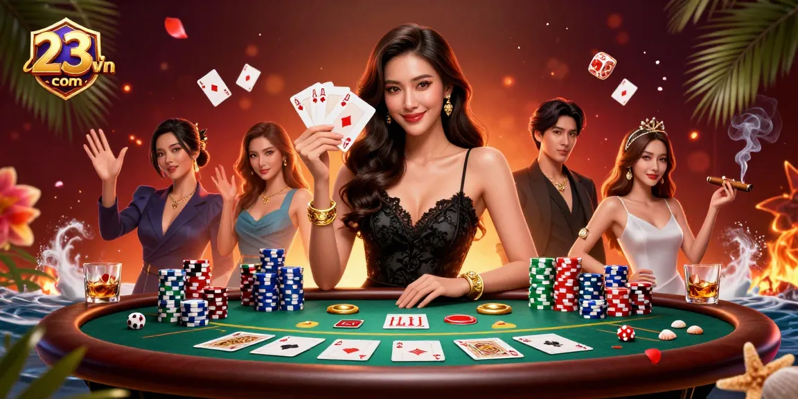 Experience excitement with 23win com in a dynamic casino scene featuring a stunning portrait of an elegant Asian woman holding cards.
