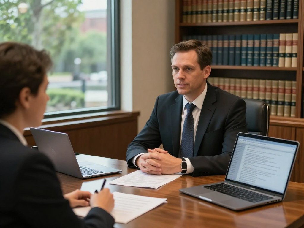 Stephen Gleave Ancaster consulting with a client in a professional law office environment.