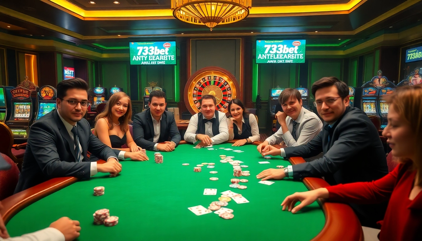 Play exciting table games at 733bet, featuring vibrant poker chips and cards in a luxurious casino setting.