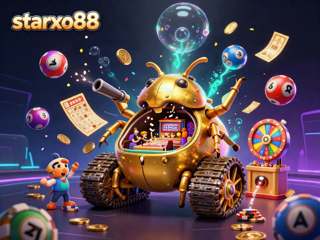 Engage with starxo88's vibrant gaming world featuring dynamic lottery elements and a mini-casino scene.