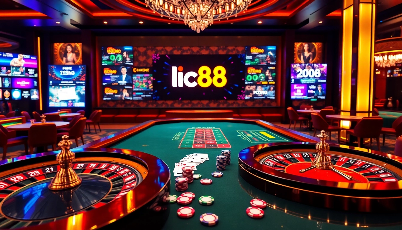 Exciting casino scene highlighting the lc88 club gaming atmosphere with vibrant tables and engaging players.
