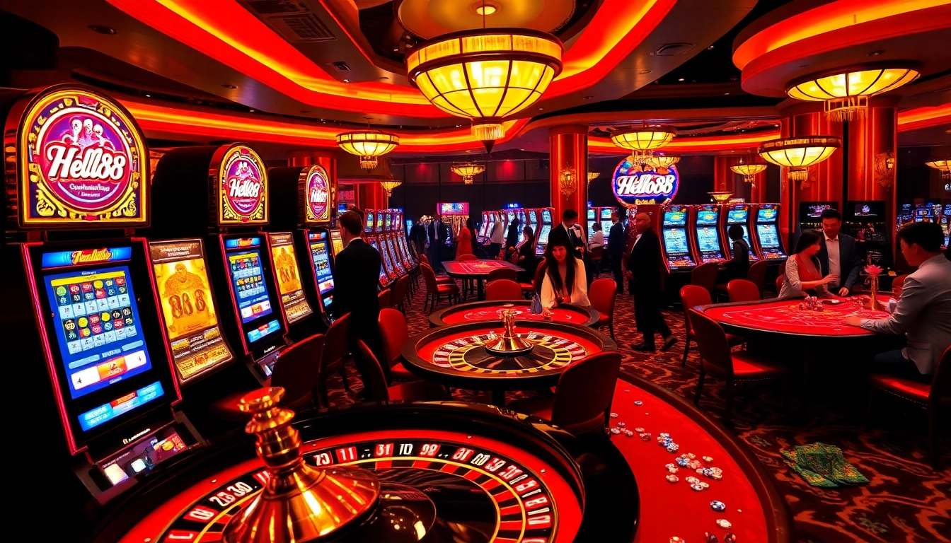 Hello88 casino scene with vibrant slot machines, poker tables, and roulette wheel showcasing excitement.