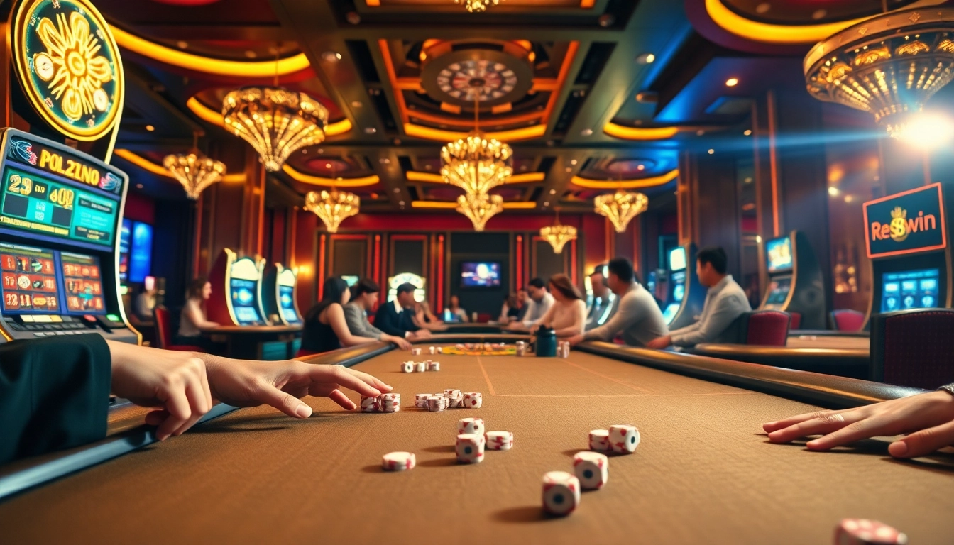 A dynamic casino scene featuring players in exciting poker games at 98win tables with colorful chips and cards.