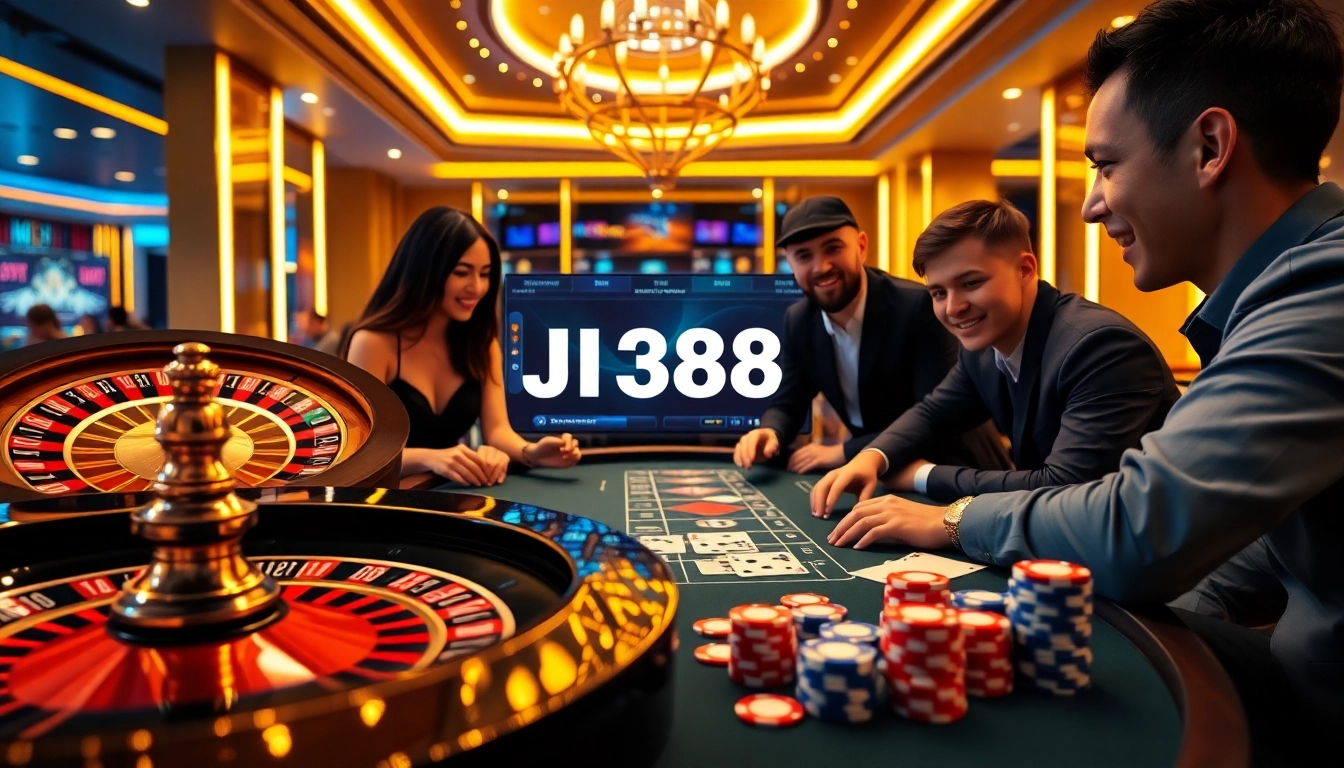Experience the thrill of wagering at BJ388, showcasing a vibrant casino ambiance with roulette and poker.