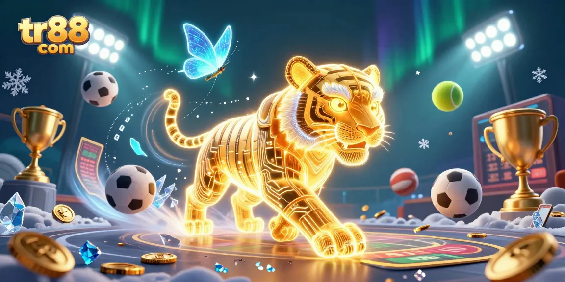 Experience the vibrant thrills of tr88 com with a golden tiger in a dynamic casino scene.